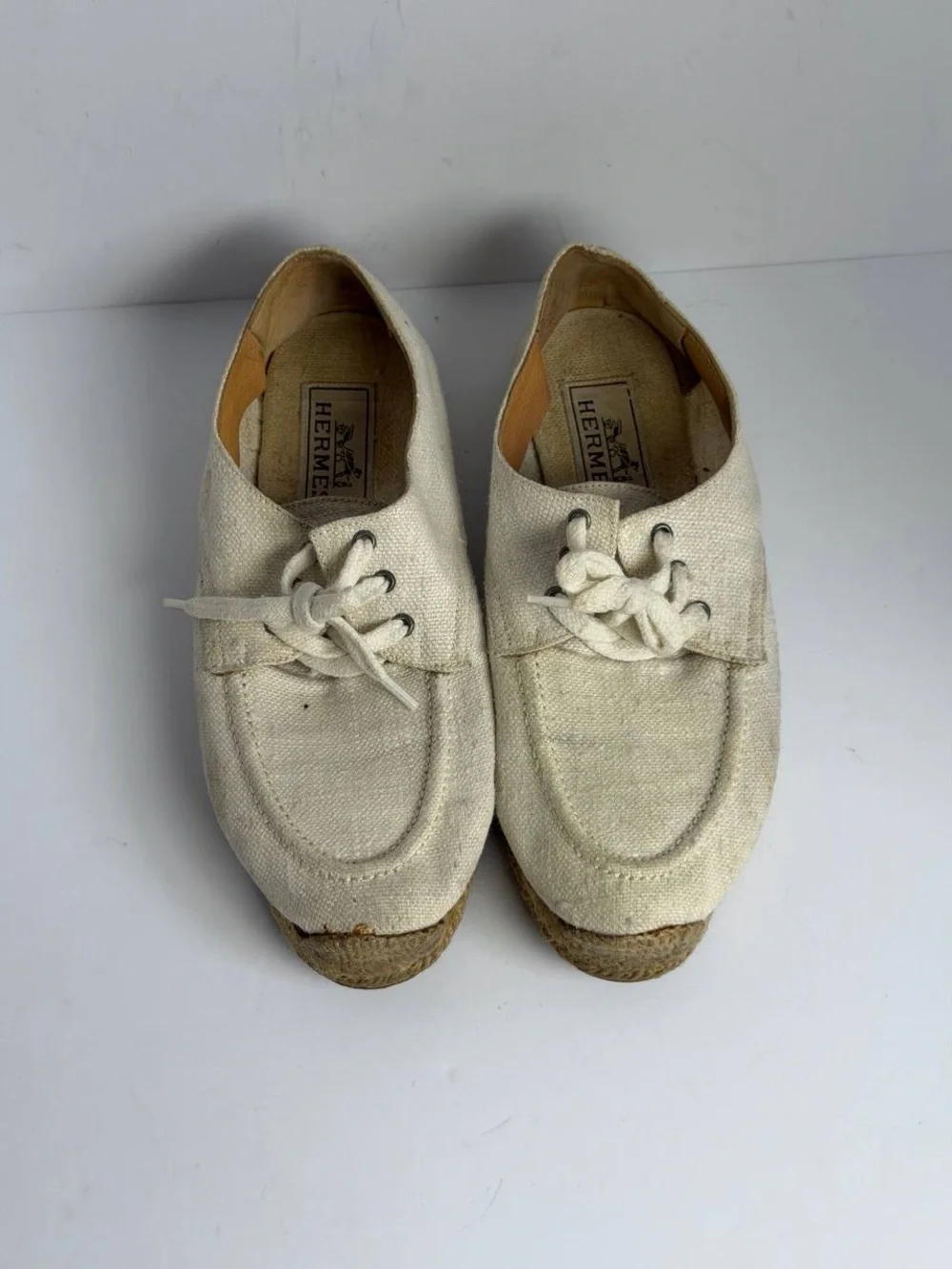 Vintage Hermes Canvas Lace-up Cream White Espadrilles